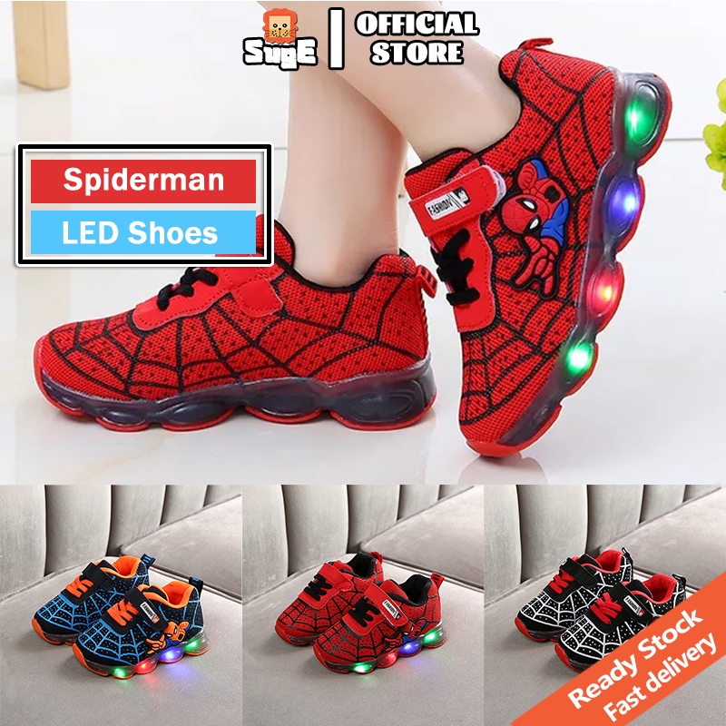 SUGE Kids Shoes boys kasut sukan budak lelaki Spiderman led Luminous christmas Red Murah Sneakers School sport shoes girl New Year