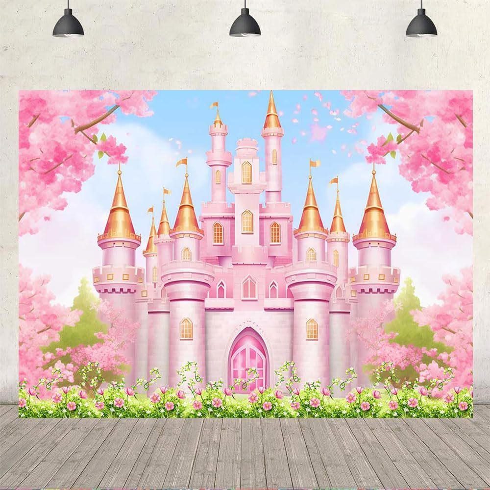 Pink Princess Castle Backdrop Watercolor Royal Castle Photography Background Fairy Tale Girl Birthday Baby Shower Party Decorations Supplies Cake Table Banner Photo Booth Props