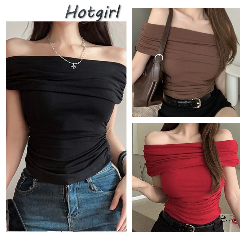 【READY STOCK AT Johor】 Hotgirl⭐White sexy one shoulder short sleeve T-shirt for women Slim fit cropped top