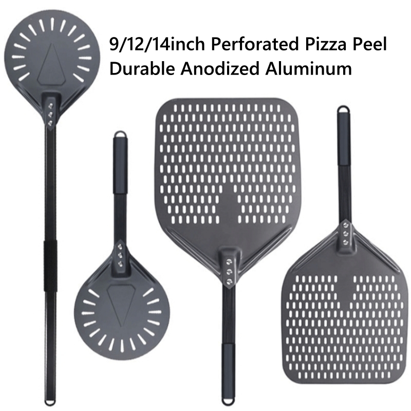 9 12 14 Inch Perforated Pizza Turning Peel,Professional Durable Anodized Aluminum Turning Pizza Paddle,Adjustable Long Handle,Movable Hand Grip,Outdoor Pizza Oven Accessories