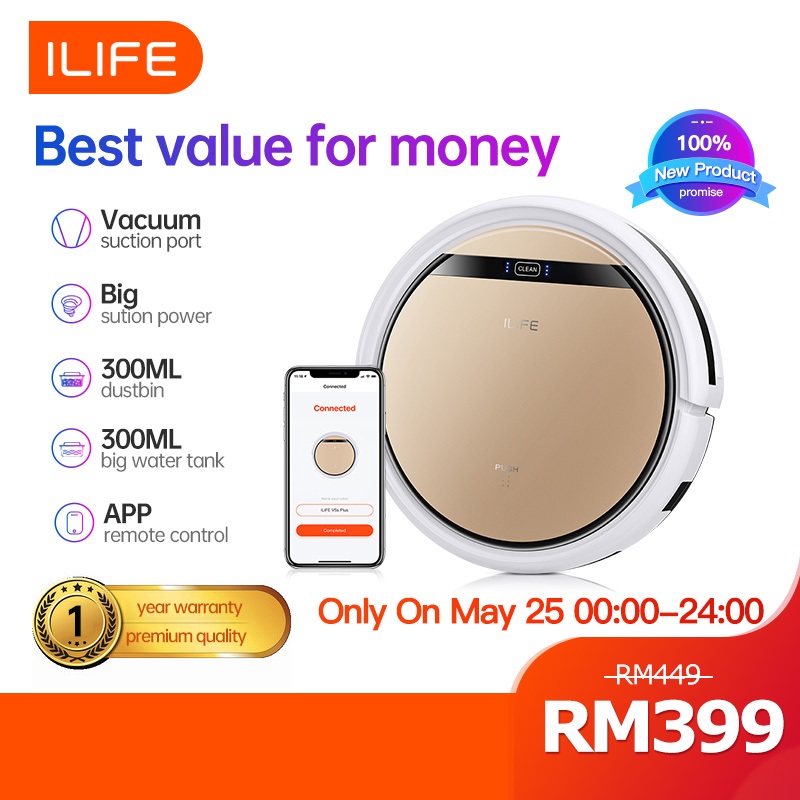 ILIFE V5s Plus Wet / Dry Robot Vacuum Mop Cleaner Cordless Automatic Vacuum Cleaner APP WiFi