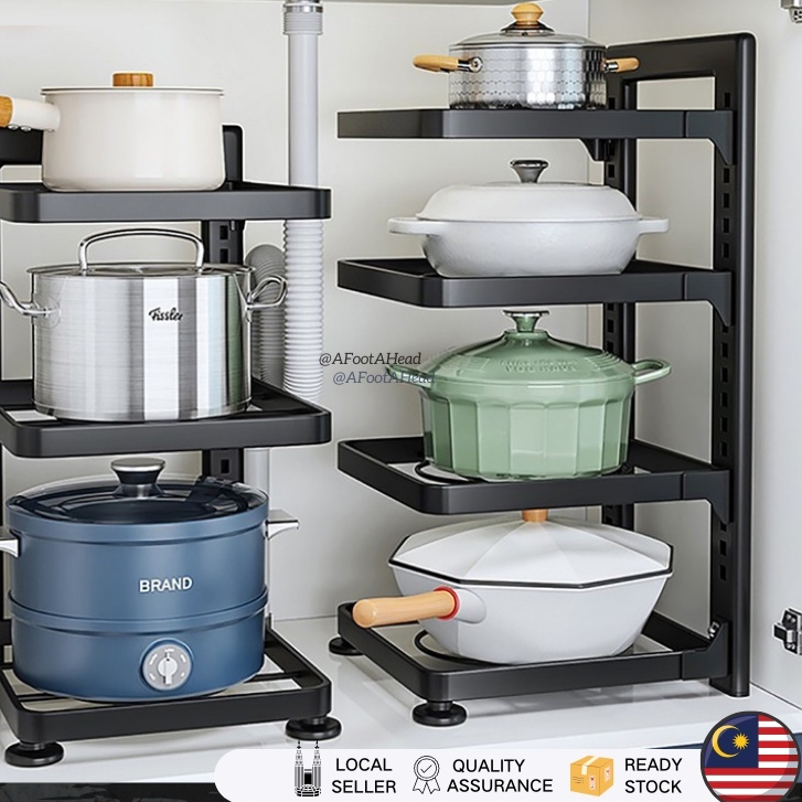 Upgrade Adjustable Pot Rack Pan Organizer Rak Bawah Sinki Stainless Steel Kitchen Pans Storage Shelf