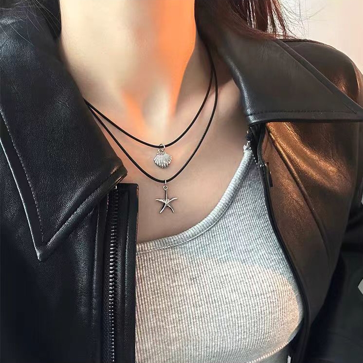 Korea leather metal heart starfish shell necklace female ins students beach vacation gift sweet cool style