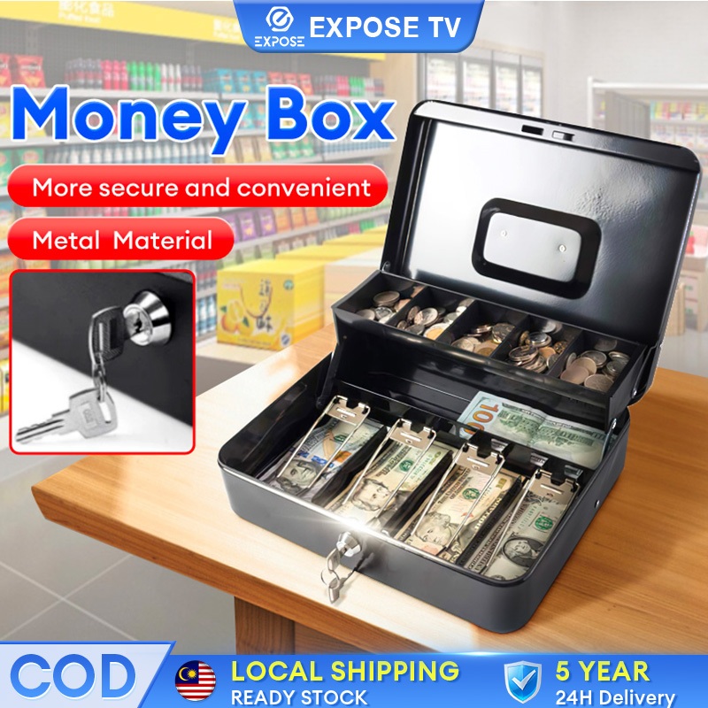 Money Box Cashier Box Portable Handheld Compartment Tray Cash Lockable Security Cashier Drawer Storage Safety Deposit Box Steel