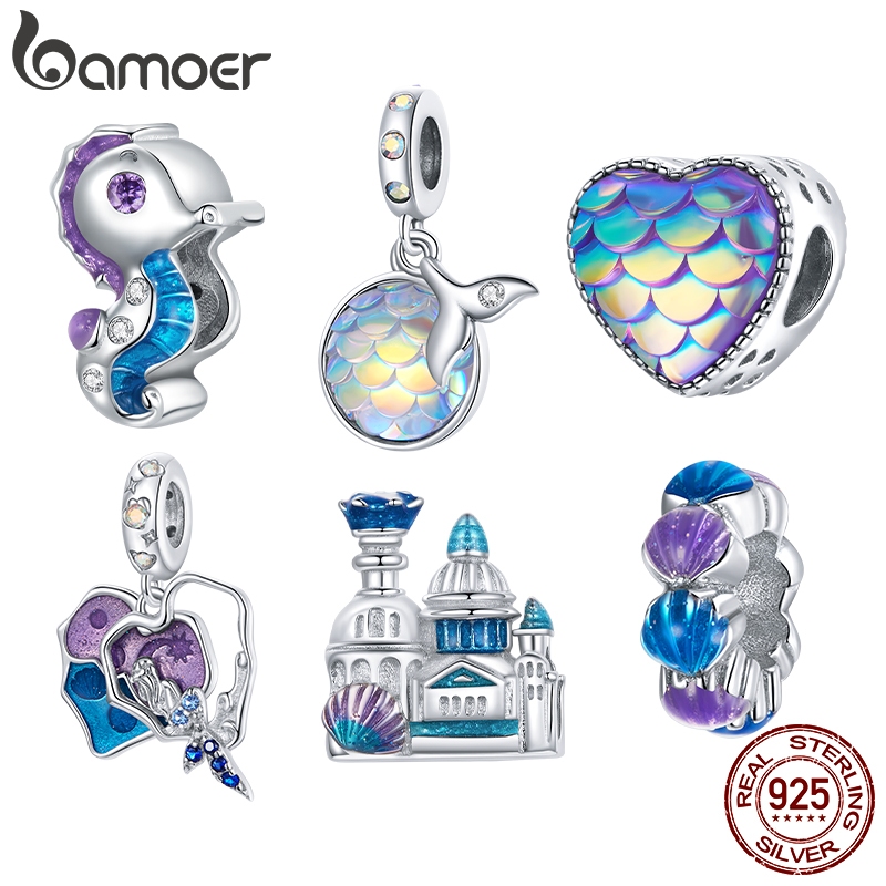 Bamoer 925 Sterling Silver Charm Marine Life Charm Mermaid Heart Scaly Bead Castle BSC428