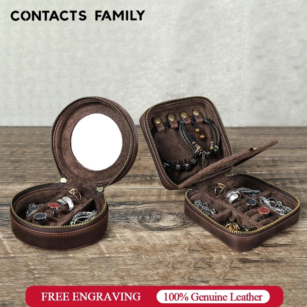 CONTACTS FAMILY Retro jewelry box Crazy Horse leather genuine leather travel convenient double zipper bag bracelet earrings ring necklace storage box