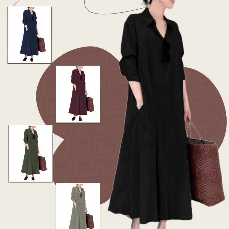 Baru Raya 2024 Viral Muslim Abaya Kaftan Jubah Ironless Outfit Women Muslimah Long Sleeve Lapel Collar Split Hem Solid Color Maxi Dress