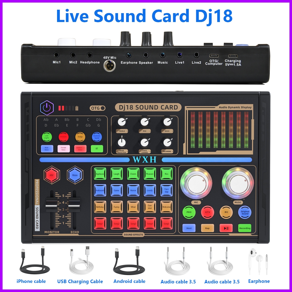 BM800 Microphone Sound Card DJ18 Live Sound Card Sound Control Unit with Built-in Effects Bluetooth Sound Card for Live Singing Tiktok Live Sound Card
