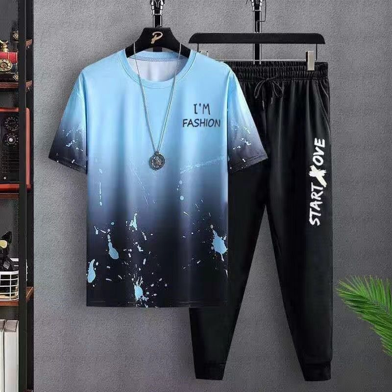 Men's short-sleeved T-shirt 2-piece summer casual sports suit handsome trend fashion men's clothing T-shirt men's high quality