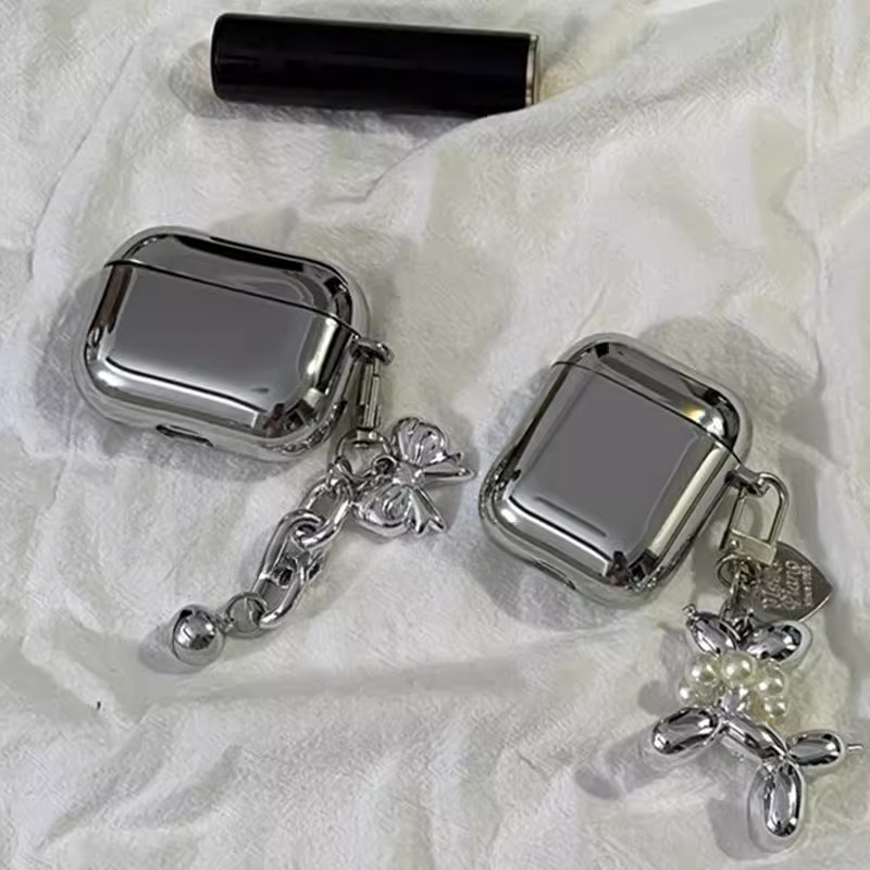 Luxury Plating Silver Street Fashion Balloon Dog Pendant Earphone Case For Airpods 3 2021 Headphone Soft Cover For Airpods 1 2 Pro 4 2024 Case