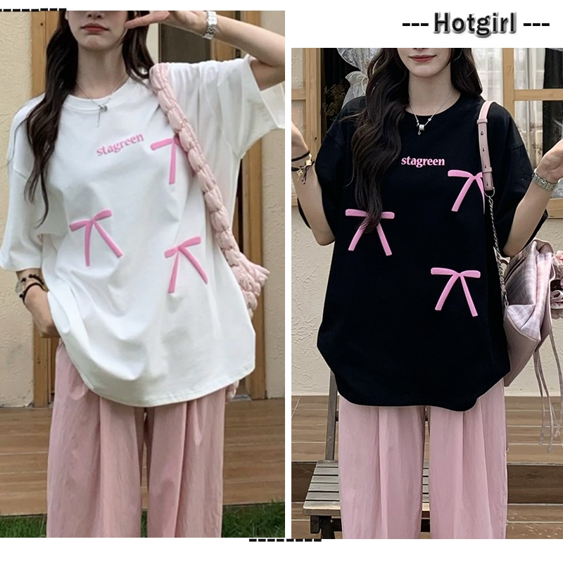 【READY STOCK AT Johor】 Hotgirl⭐T-shirt women's bow design with round neck and loose short sleeves for easy matching