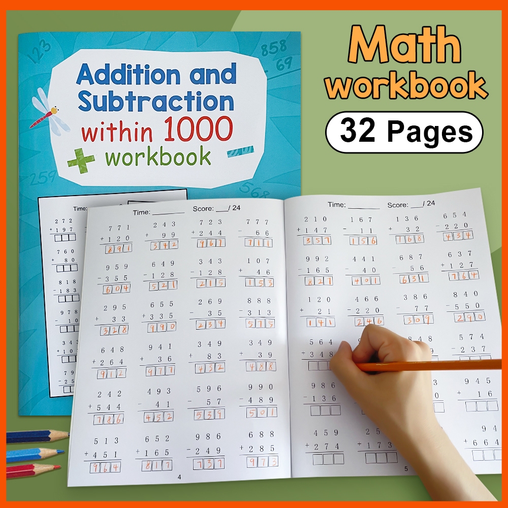 32 Pages Math Arithmetic Workbook Addition & Subtraction within 1000 Kindergarten Mathematics Exercise Workbook Activities Worksheets Kids Handwritten Learning Mathematics Workbook