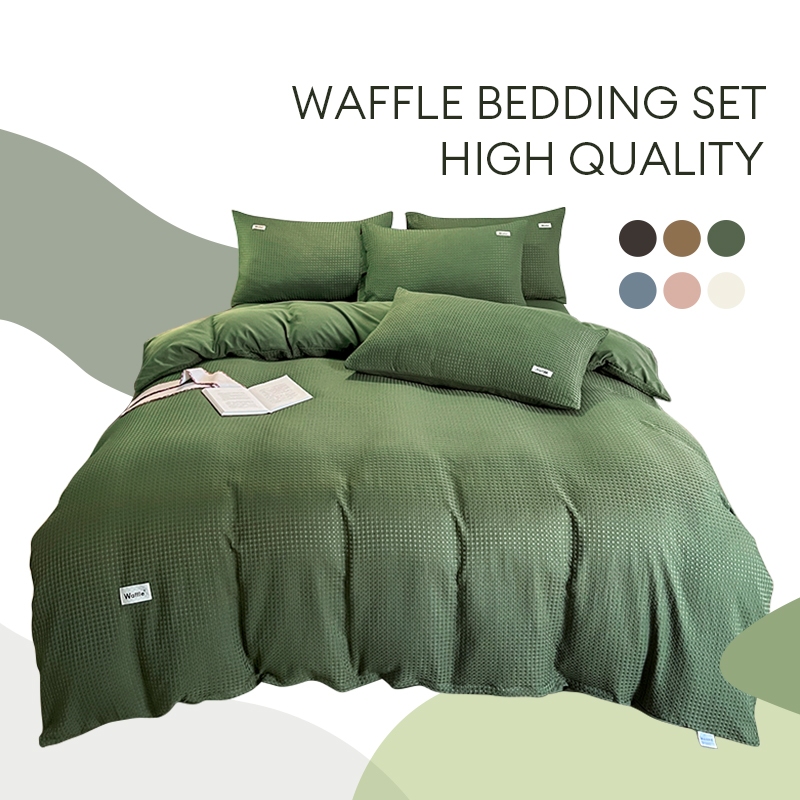 Beli satu, dapatkan satu percuma[MY Ready Stock] INS popular Waffle Style Flat cadar bedsheet famliy size bedding Set bed sheet pillow case solid color-white/Olive green/gray sarung bantal duvet cover 華夫格 Set cadar katil siri wafel