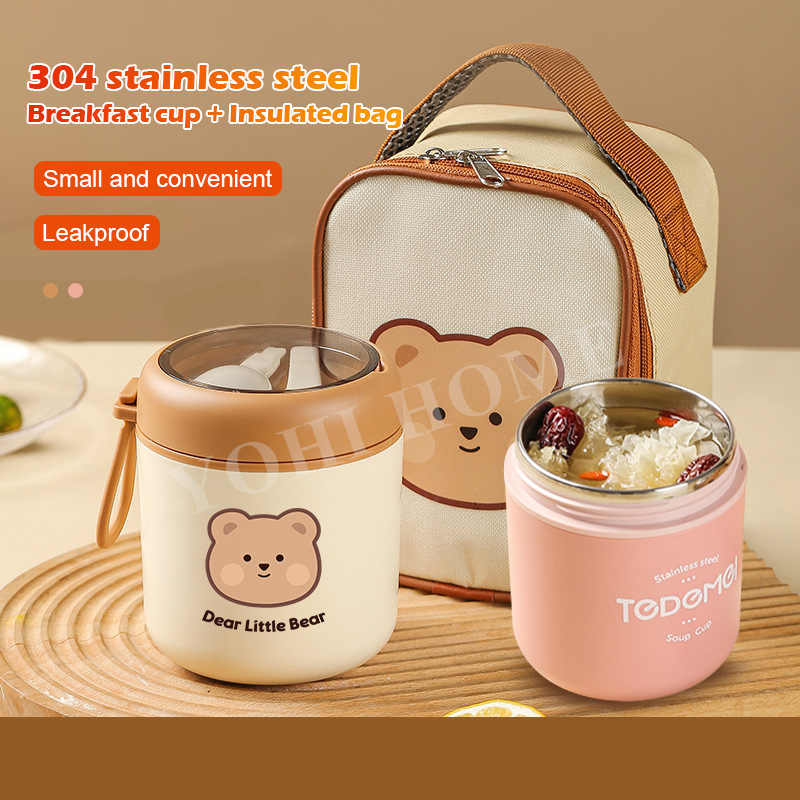 🚀Ready Stock🚀 DEAR BEAR Thermos Flask Thermal Soup Cup Stainless Steel Food Container Porridge Warmer Portable Lunch Box Cooler Bag