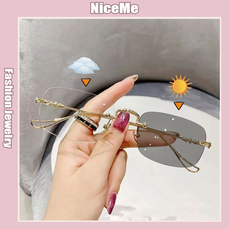 Square Fashion Photochromic Glasses Small Frame High-End Anti-Blue Light Glasses Retro Frameless Eyeglasses Cermin Mata