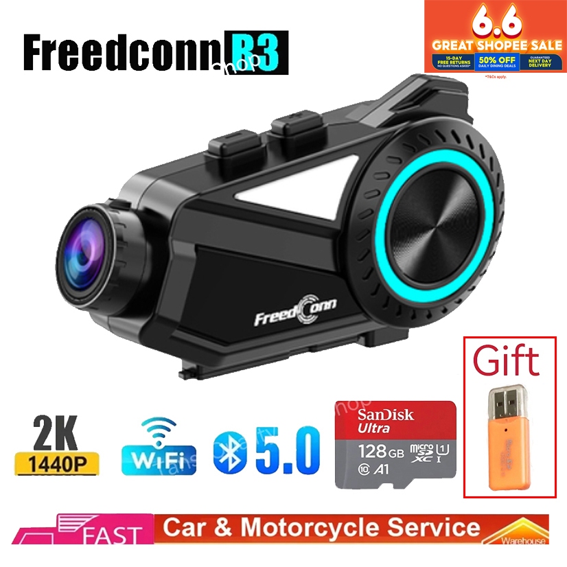 2024 New FreedConn R3 Pro 2K 1440 360° Shooting Video Camera Motorcycle Camera 140° Wide Angle F1.8 Large Aperture Bluetooth Headset Intercom 8 Riders 1500M Motorcycle Dash Camera