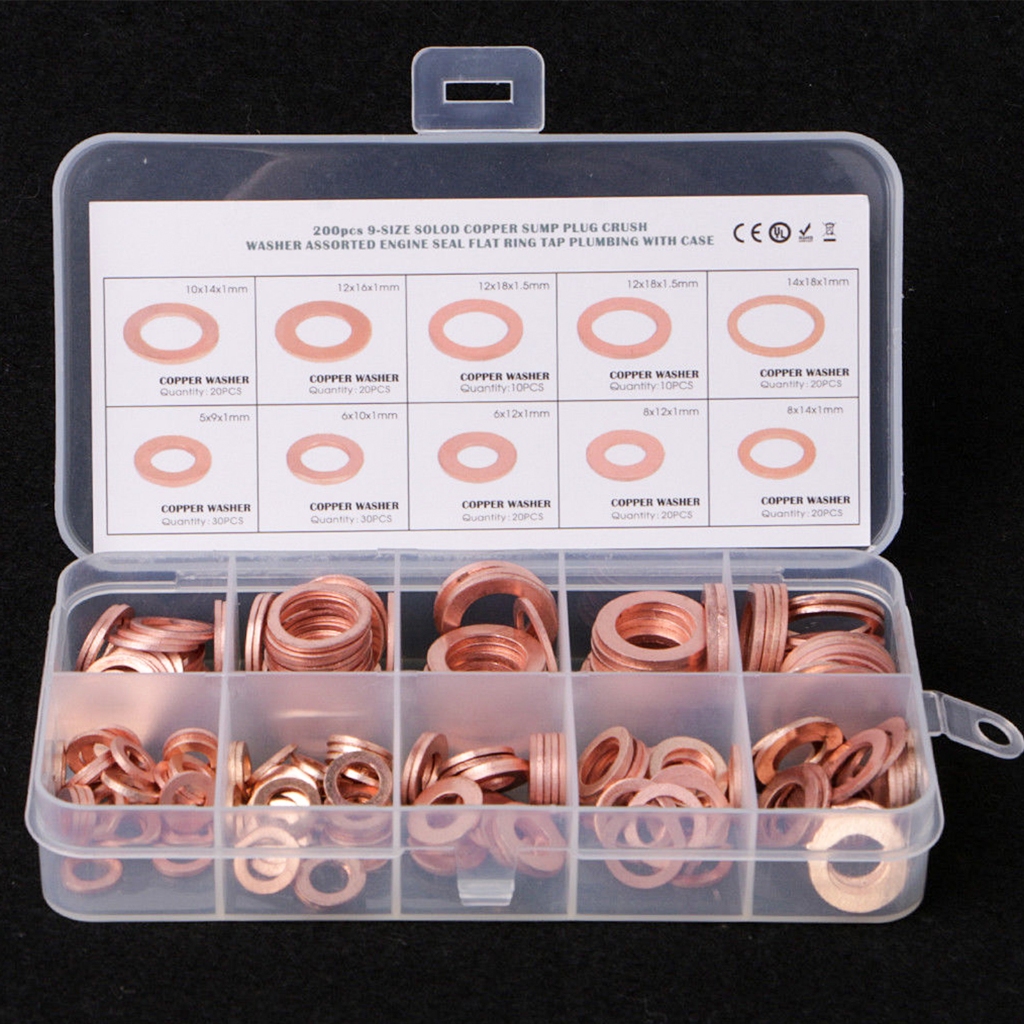 100 Pcs Copper Washer Gasket Nut and Bolt Set Flat Ring Seal Assortment Kit with Box M5/M6/M8/M10/M12/M14 for Sump Plugs