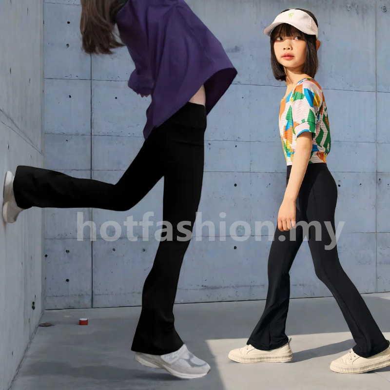 110-170 Children Jersi Plain Bootcut Jersey Long Pants Trousers Girls High Waist Stretch Bell-bottoms Casual Dance Ballet Sport Flare Pants Boot Leg Seluar Budak Perempuan