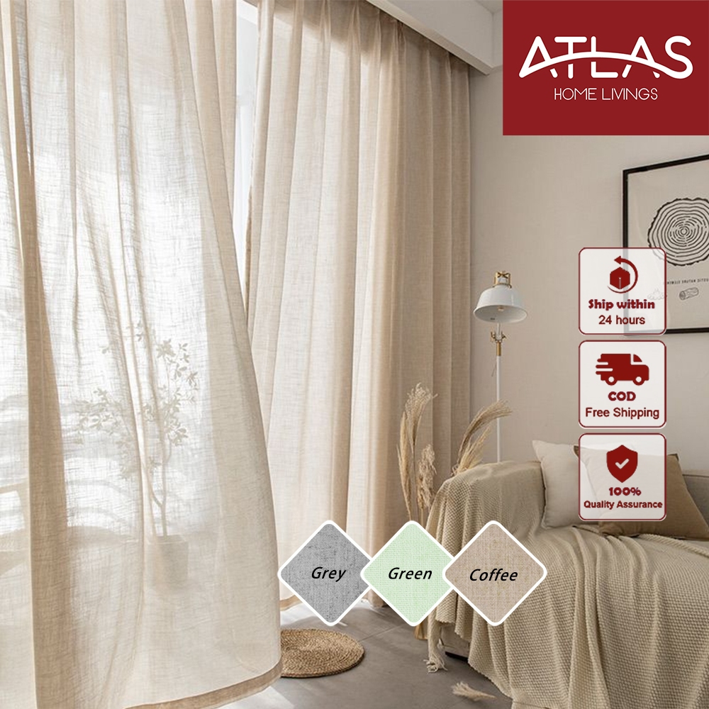 <ATLAS> HOME LIVING Ready Stock Semi Sheer Curtains Linen Privacy  Light Transmission Free Hooks