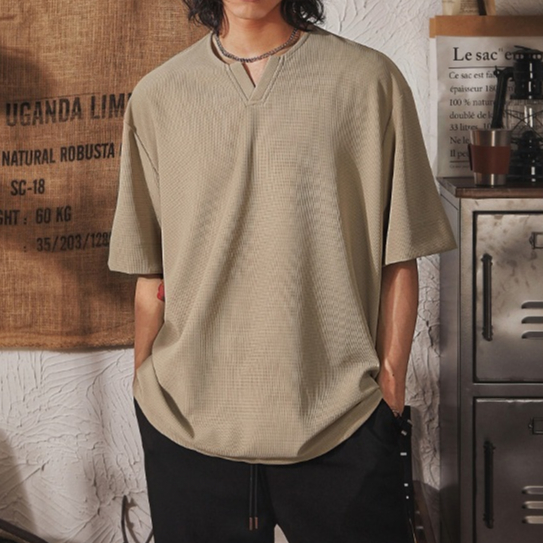Japanese Vintage V Neck Oversized Plain T-shirt For Men Crew Collar Short Sleeve American Style Fashion Trendly Waffle Loose Men Tshirt