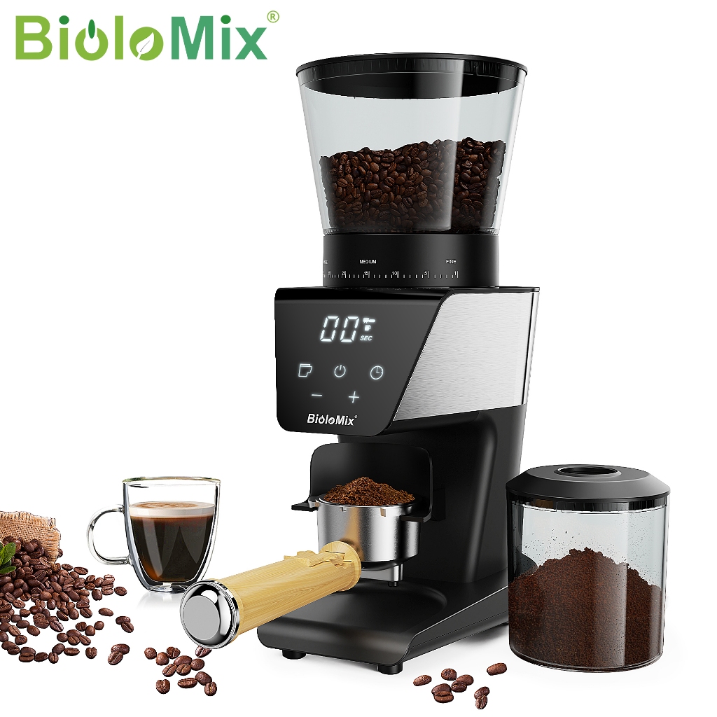 BioloMix Automatic Burr Mill Electric Coffee Grinder with 30 Gears for Espresso American Coffee Pour Over Visual Bean Storage