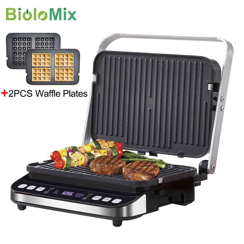 BioloMix 2000W Electric Contact Grill Digital Griddle Non-Stick Stainless Steel  Optional Waffle Maker Plates, Opens 180 Degree Barbecue