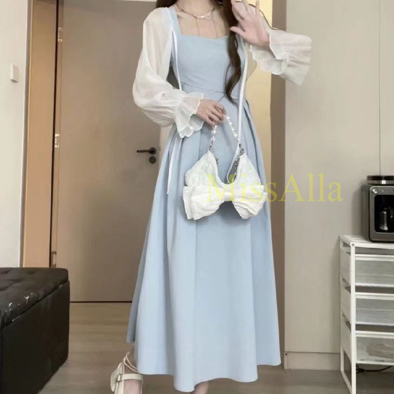 Summer 2024 New Dress Blue Black Camisole Sleeveless Dress Cross Bow Slim Waist Long Dress Elegant A-line Dress