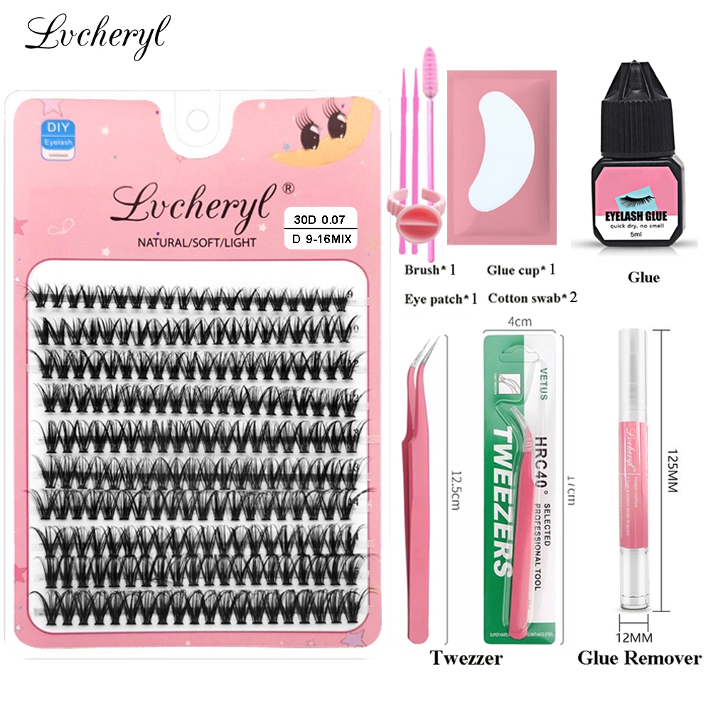 Lvcheyl Large Capacity Eyelash Extensions Set 30D/40D Mix D Curl False Eyelashes With Permanent Glue