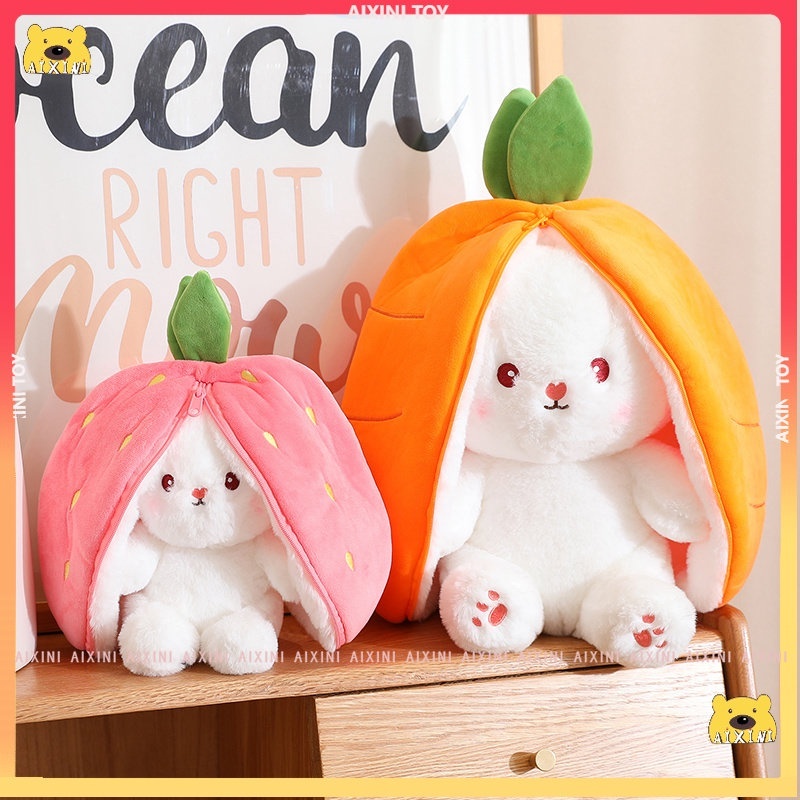 ✨Tiktok new! 翻转熊猫娃娃 Strawberry Rabbit Plush, Cute Panda 2 in 1 Double-Sided Flip Panda Animal Stuffed Doll, Panda Outfit Costume, Stuffed Dolls Cosplay Plush Toys 翻转熊猫娃娃