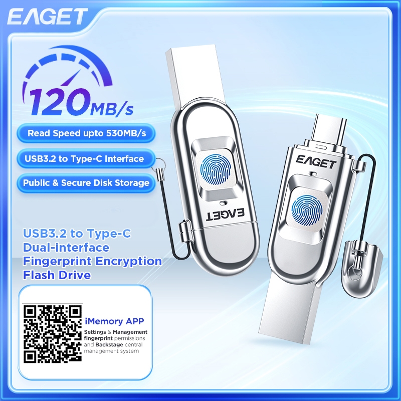 EAGET FU68 Fingerprint Encryption USB Flash Drive 32G 64G 128G 256G Type-C USB 3.2 Data Encryption Stick,USB Memory Storage Disk