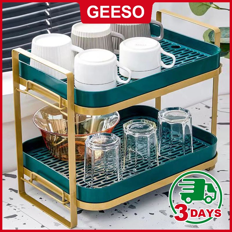 GEESO Mug Holder Rak Dapur Cup Holder Storage Cup Rack Double-Layer Storage Place Coffee Glass Mug Drainer Pemegang 水杯托盘 茶具收纳置物架 桌面沥水架