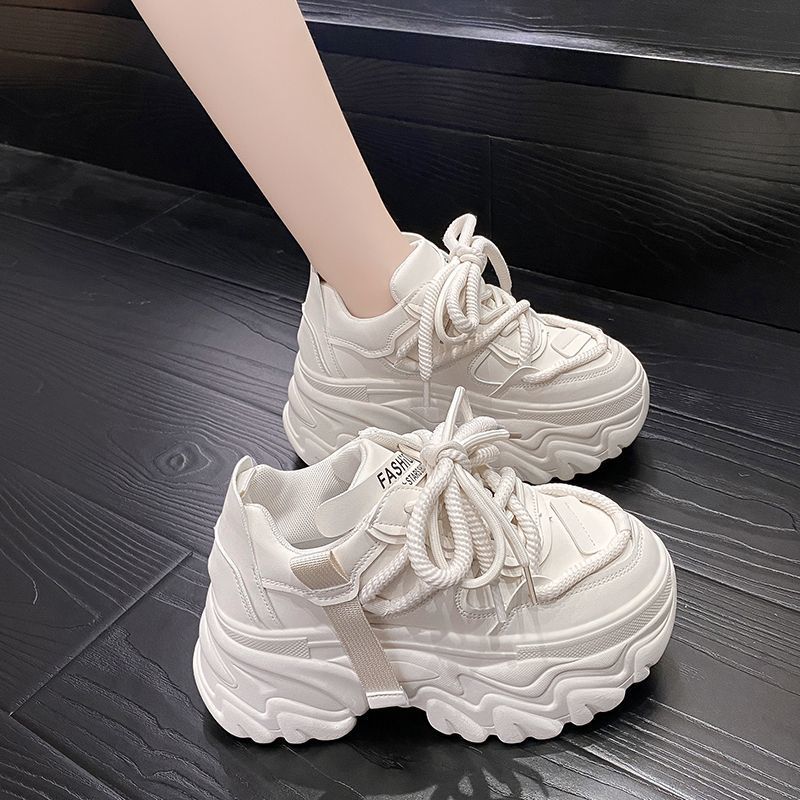 8CM Fashion Soft Leather Anti Slip Sneakers Korean Style Platform Lace-Up Daddy Shoes Women Red Thick-Soled Casual Kasut Wanita