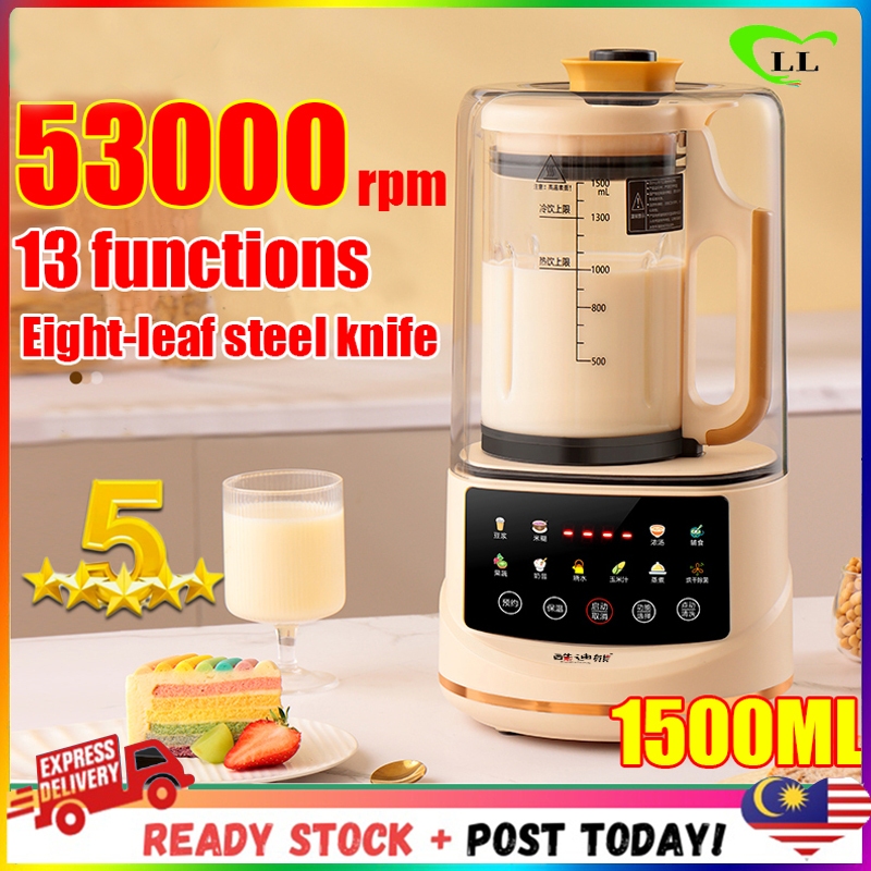 (HOT SALE） Multi functional wall breaking machine 1500ML 8 Blades 9000W, Pengisar Mixer Juicer Mini SoyMilk Maker machine Heating Blender 破壁机 迷你豆浆机