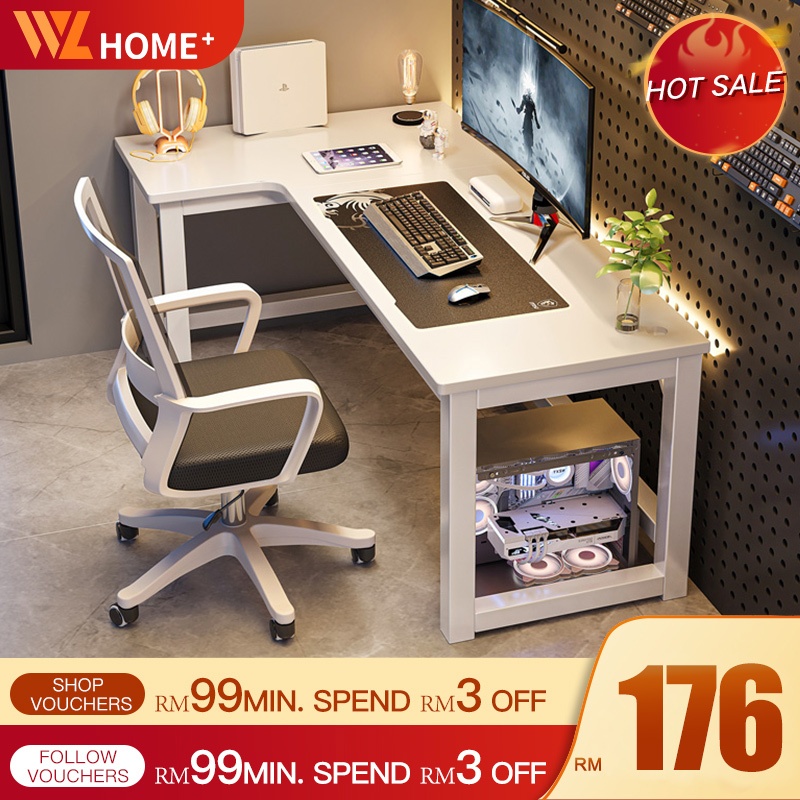 L Shape Table 180CM White Gaming Table Meja Komputer Computer Table Study Table with book shelf Meja laptop Meja Gaming