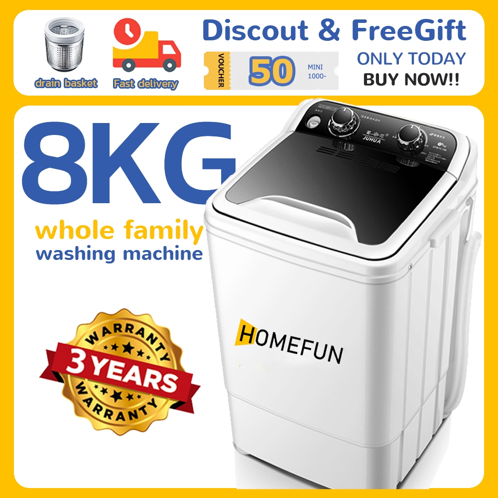 HOMEFUN 8KG Washing Machine Fully Automatic MINI Washing Machine with Dryer Stainless Steel Drain