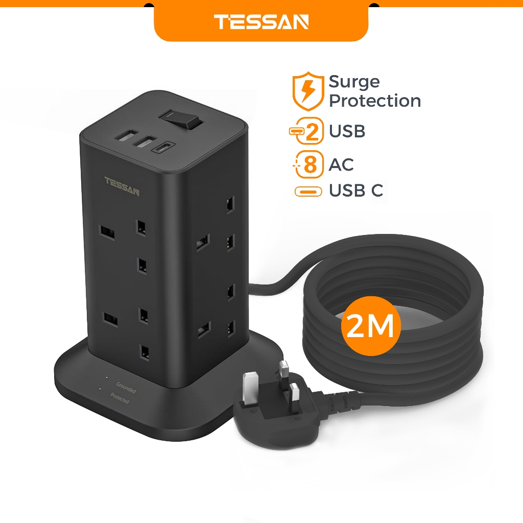 TESSAN Plug Extension Socket Tower,8 Way Surge Protector Power Strip Extension Wire with USB C