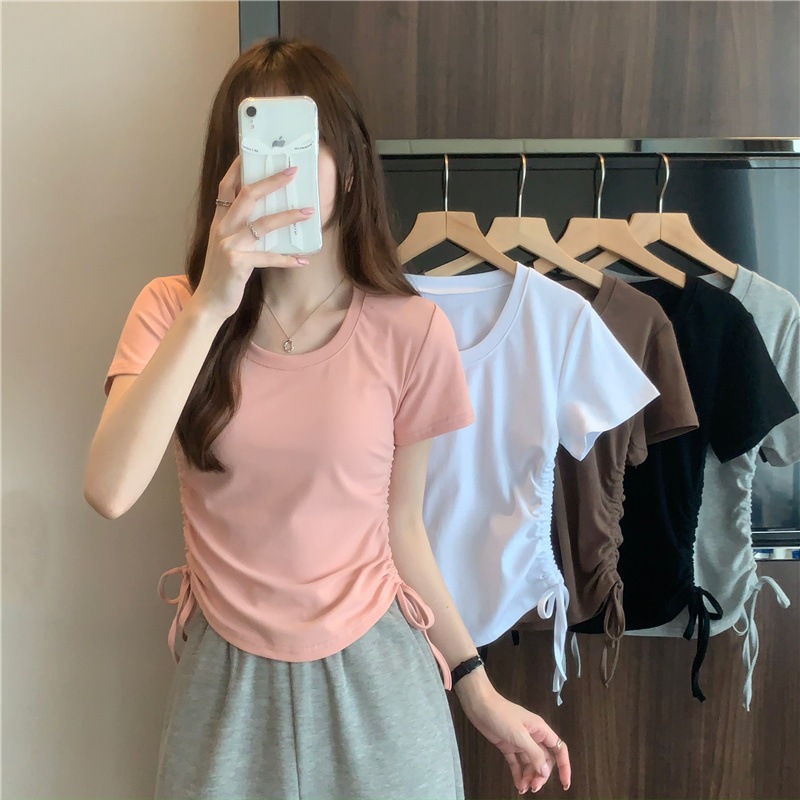 【WJZ】Women's Korean style drawstring design solid color short sleeve T-shirt【T8】