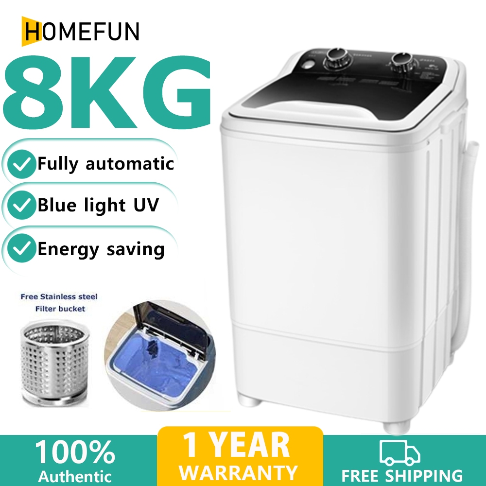 HOMEEEE 8KG Washing Machine Fully Automatic MINI Washing Machine with Dryer Stainless Steel Drain