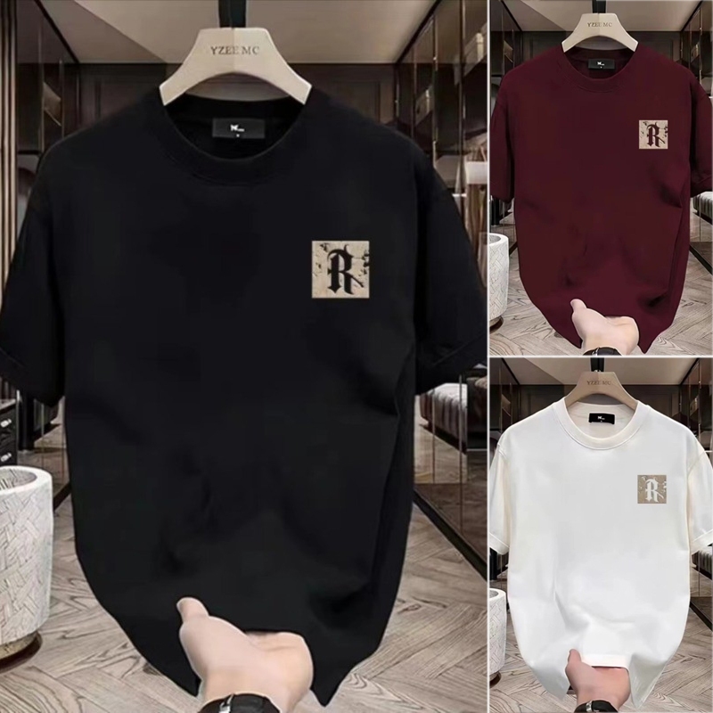 [3 Colors] Summer New Cotton Letter R Printed Short Sleeve Round Neck T-shirt Loose Black White Red Leisure Street Wear for Men