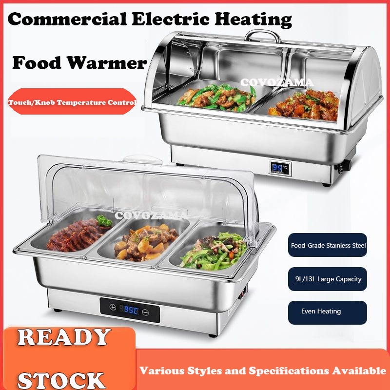 Electric Heated Buffet Server Stainless Steel Food Warmer Hotel Tableware Square Flip Top Visible Breakfast Warmer