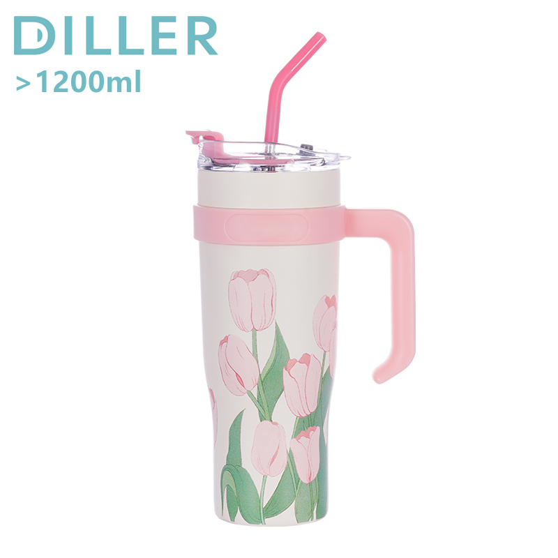 Diller Tumbler Thermos Mug With Handle And Straw Stainless Steel Vacuum Insulated Travel Flower Coffee Cup Water Bottle 1200ml MLH9120