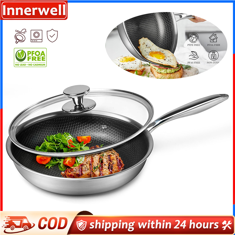 Stainless Steel Frying Pan Nonstick Frying Pan with Lid 10 Inch Honeycomb Stainless Steel Skillet Woks Pan for Gas Electric Induction Ceramic Stoves and Oven 25CM