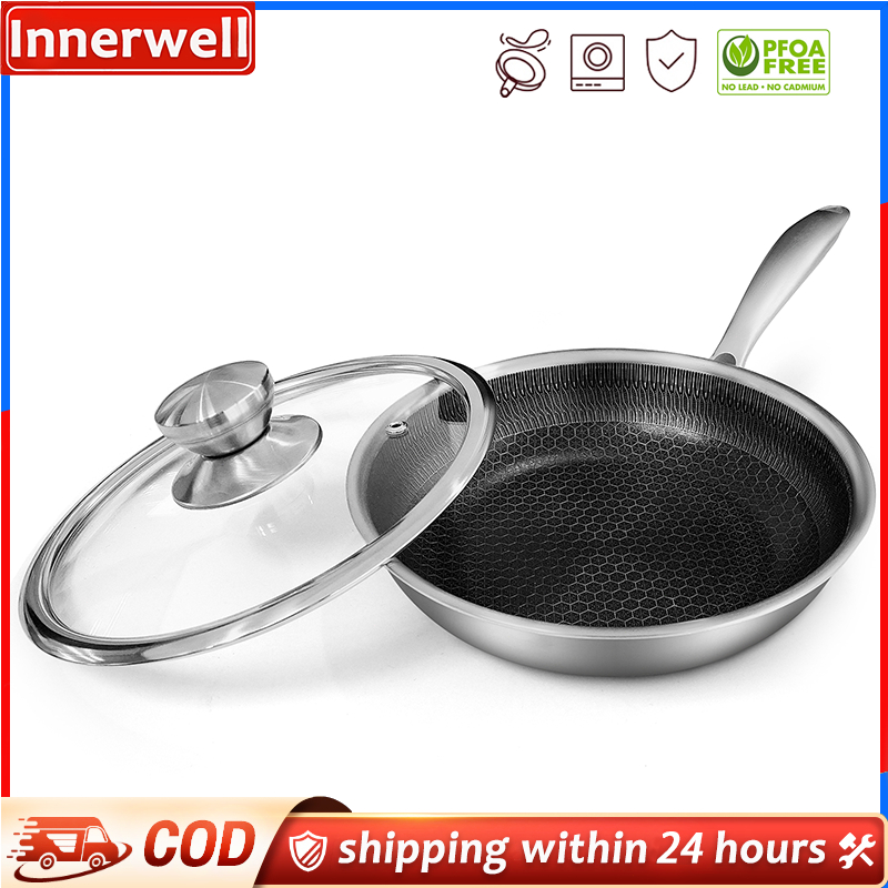 Innerwell Stainless Steel Frying Pan Nonstick Frying Pan with Lid 8/9.5/11 Inch Honeycomb Stainless Steel Skillet Woks Pan for Gas Electric Induction Ceramic Stoves and Oven