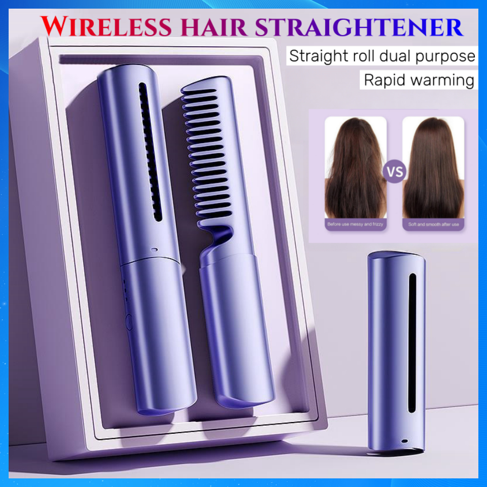 Usb Rechargeable Portable Hair Straightening Comb Wireless Hair Straightening Comb 3 Seconds Quick Heating 2in1 Hair Straightener and Hair Curler 3 Seconds Quick Heating