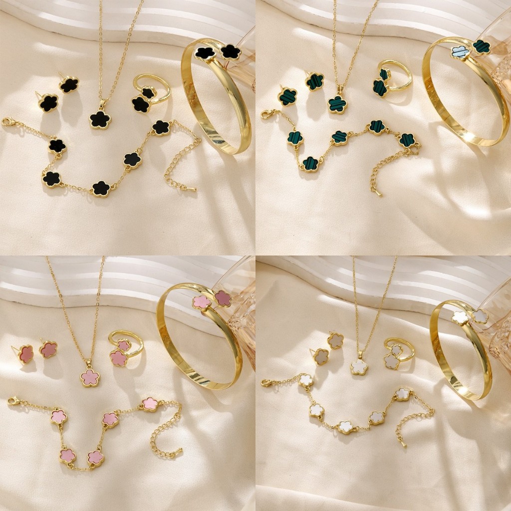 Korea Five Leaf Flower Necklace Set Female Gold Color High Quality Good Friend Birthday Gift