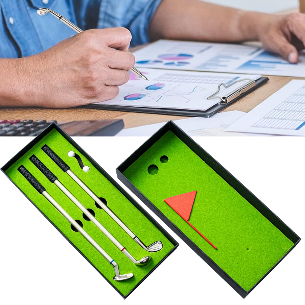 1 PCS Back To Office Desktop Mini Golf Green Metal Club Ballpoint Pen Set Mini Desktop Golf Ball Pen Gift Includes Putting Green Pen Balls and Flag Desk Games
