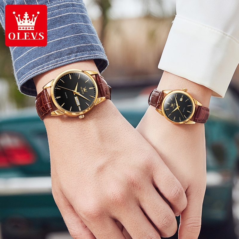 OLEVS Jam Tangan Kulit Couple Set Pasangan Original Leather Murah Jam Tangan Lelaki Perempuan Brown Leather Sepasang Couple Quartz Analog Watch Casual Luxury Watches Date Luminous Waterproof Couple Original Watch For Women Men