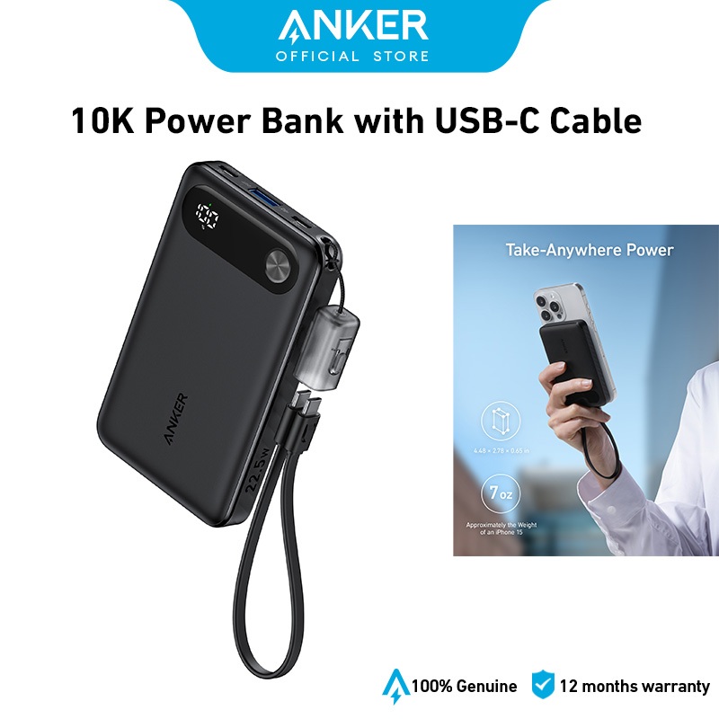 Anker 10,000mAh Power Bank Portable Charger with Built-in USB-C Cable and Lanyard 22.5W Max Output with 2 USB-C and 1 USB-A Port