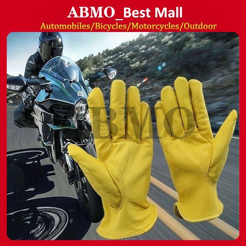 Vintage Goat Leather Motorcycle Bicycle Gloves Yellow Universal Anti-slip Scooter Work Full Finger Gloves