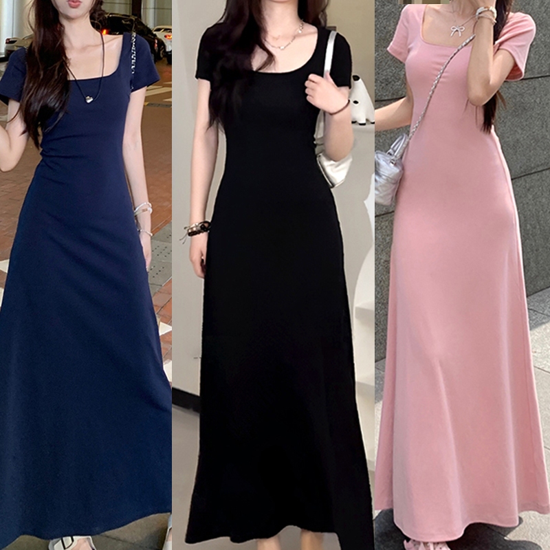 【READY STOCK AT Johor】 Hotgirl⭐Women's dress solid color waist slimming simple square neck long dress